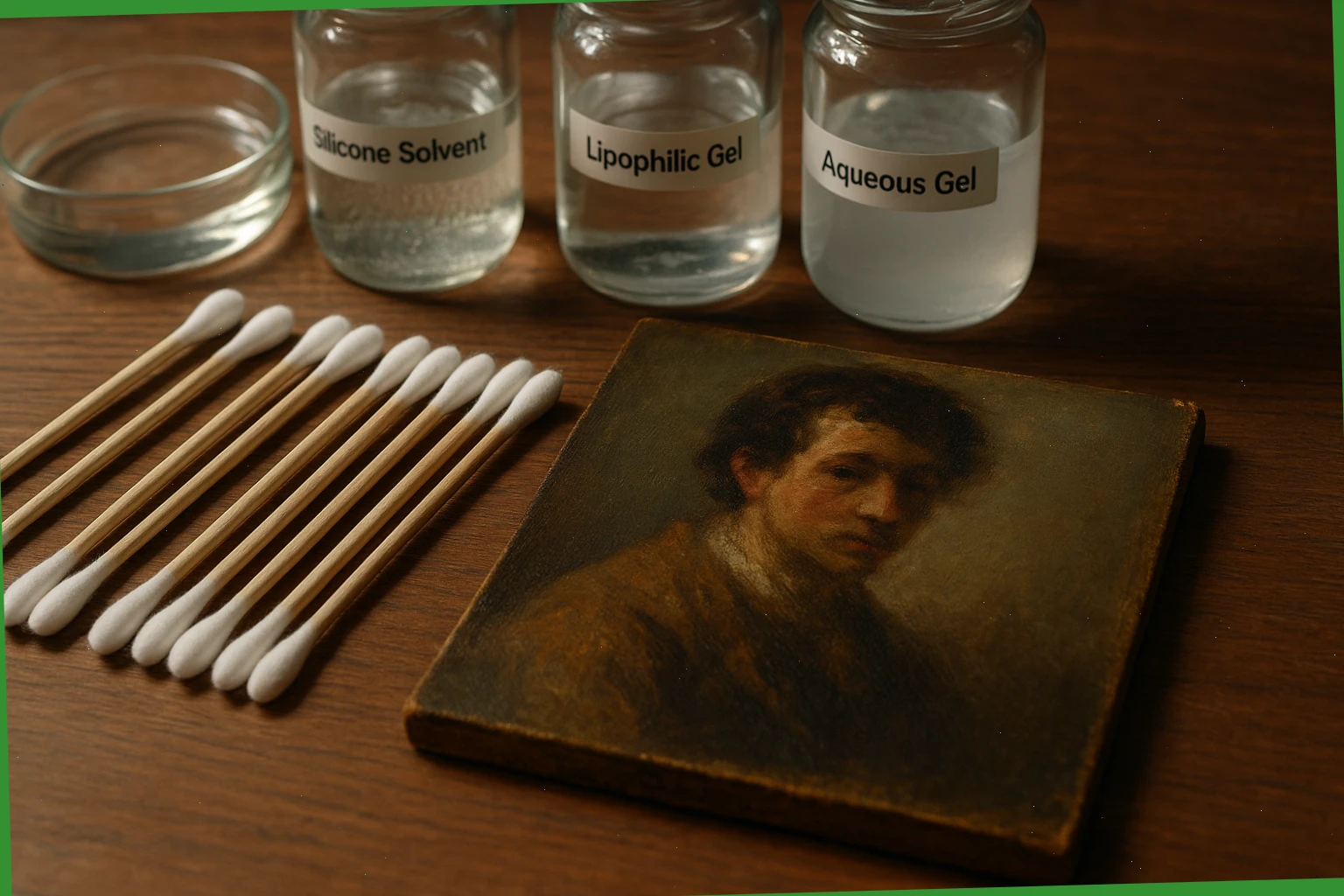 Cotton swabs and solvent gels set out for controlled surface cleaning tests on a small oil study