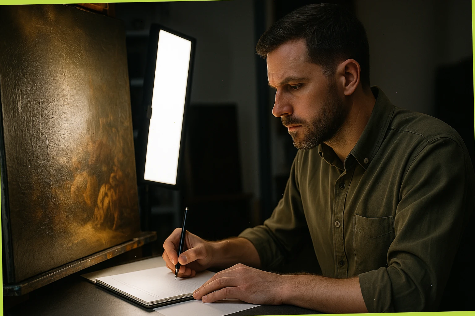 Lead conservator logging condition notes beside a raking-light image