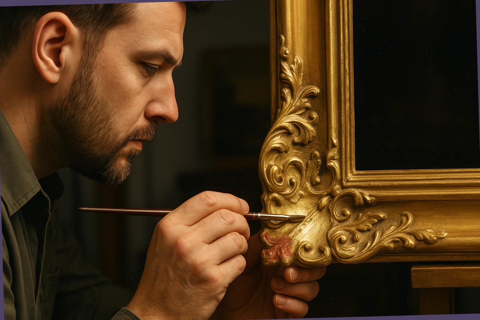 Frame specialist toning a gilt corner to match the original leaf