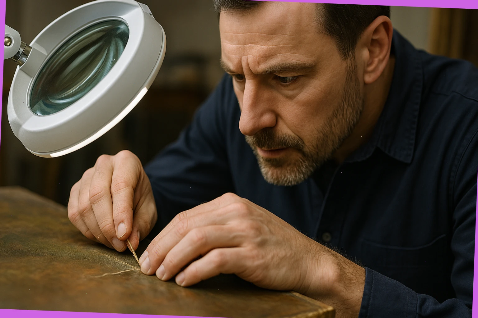 Specialist aligning a stitched canvas tear with magnifier support