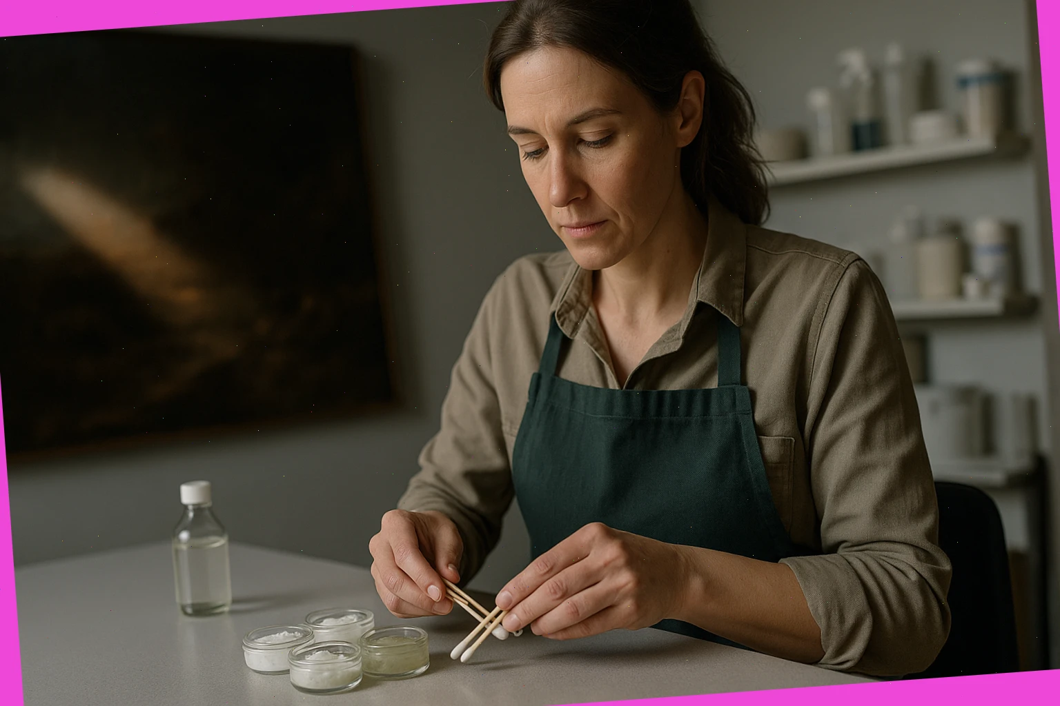 Conservator preparing cotton swabs and gels for local surface tests