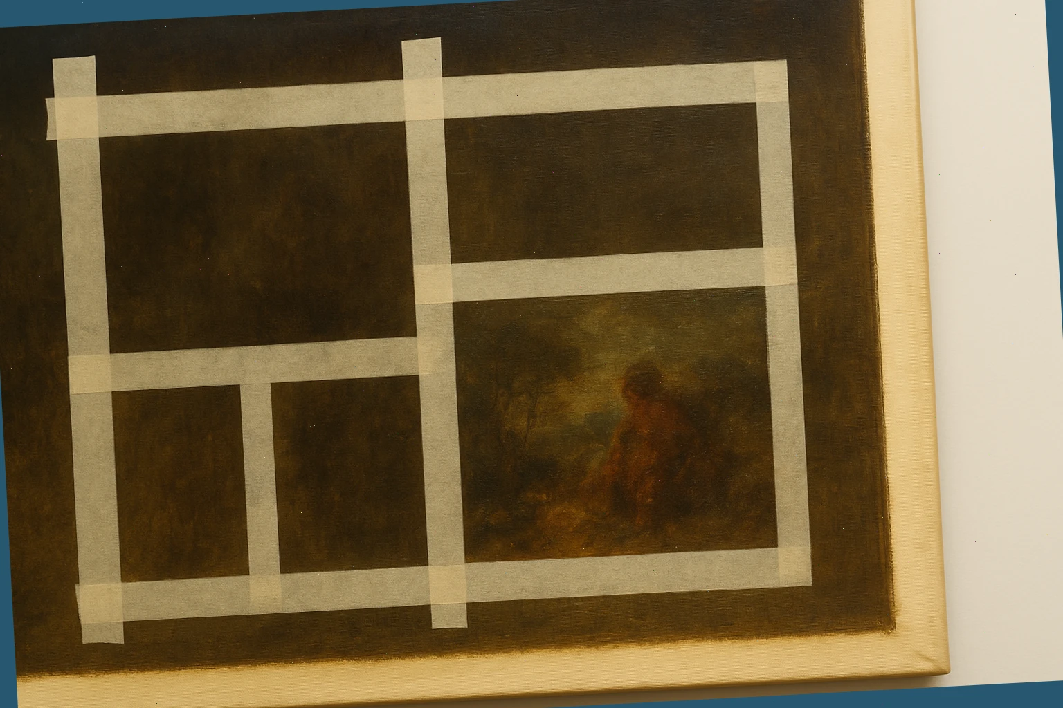 Flat-lit panel during partial varnish reduction with edge masking and test windows